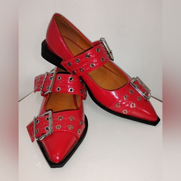 CX Shoes Shoes - RED PATENT MARY JANE FLATS WITH GROMMETED BUCKLES